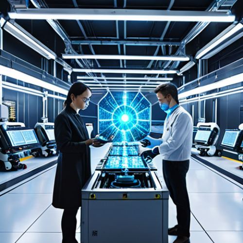 Home 11 **A futuristic factory floor with advanced quantum robots working alongside human engineers. The robots are meticulously inspecting products, showcasing efficiency and high-quality control. Glowing holographic displays show complex data streams, symbolizing the power of quantum computing in manufacturing. The scene is brightly lit and sterile, emphasizing the technological advancement.**