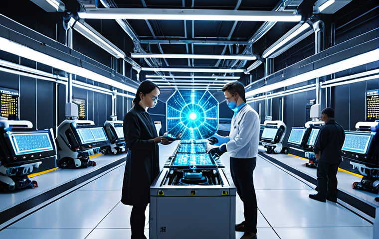 **A futuristic factory floor with advanced quantum robots working alongside human engineers. The robots are meticulously inspecting products, showcasing efficiency and high-quality control. Glowing holographic displays show complex data streams, symbolizing the power of quantum computing in manufacturing. The scene is brightly lit and sterile, emphasizing the technological advancement.**