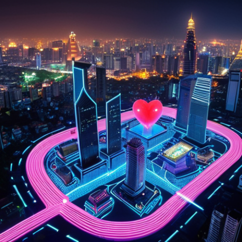 Home 10 **Prompt:** A futuristic cityscape at night, Bangkok skyline blended with holographic projections of intricate semiconductor circuits, glowing vibrant colors, depicting the interconnectedness of modern life and chip technology, Thai script incorporated into the holographic displays, conveying "The Heart of the Digital World."