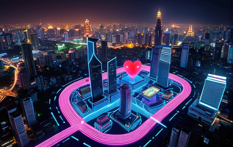 **Prompt:** A futuristic cityscape at night, Bangkok skyline blended with holographic projections of intricate semiconductor circuits, glowing vibrant colors, depicting the interconnectedness of modern life and chip technology, Thai script incorporated into the holographic displays, conveying "The Heart of the Digital World."
