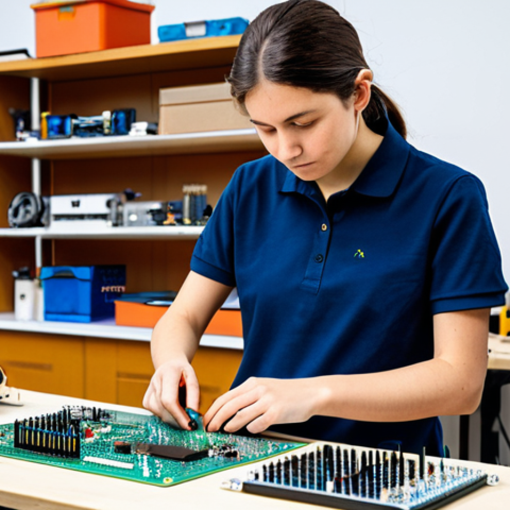 A person of neutral gender, wearing a modest, professional polo shirt and trousers, is intently focused on assembling a small, educational robotics kit on a clean, well-lit workbench. The workbench features an open-source microcontroller board (like an Arduino or ESP32), various electronic components, small motors, and basic hand tools, all neatly organized. The background is a bright, modern maker space with shelves of organized parts. The subject is fully clothed, appropriate attire, safe for work, professional, perfect anatomy, correct proportions, natural pose, well-formed hands, proper finger count, natural body proportions, high quality photography, appropriate content.