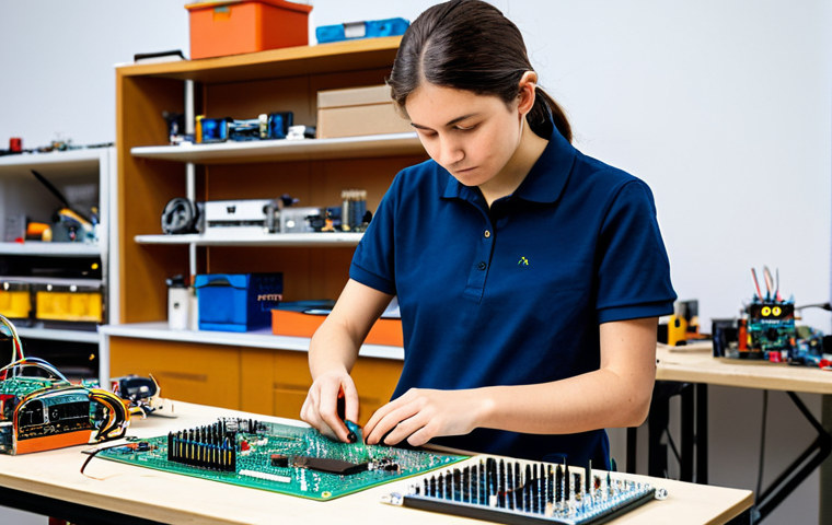 A person of neutral gender, wearing a modest, professional polo shirt and trousers, is intently focused on assembling a small, educational robotics kit on a clean, well-lit workbench. The workbench features an open-source microcontroller board (like an Arduino or ESP32), various electronic components, small motors, and basic hand tools, all neatly organized. The background is a bright, modern maker space with shelves of organized parts. The subject is fully clothed, appropriate attire, safe for work, professional, perfect anatomy, correct proportions, natural pose, well-formed hands, proper finger count, natural body proportions, high quality photography, appropriate content.