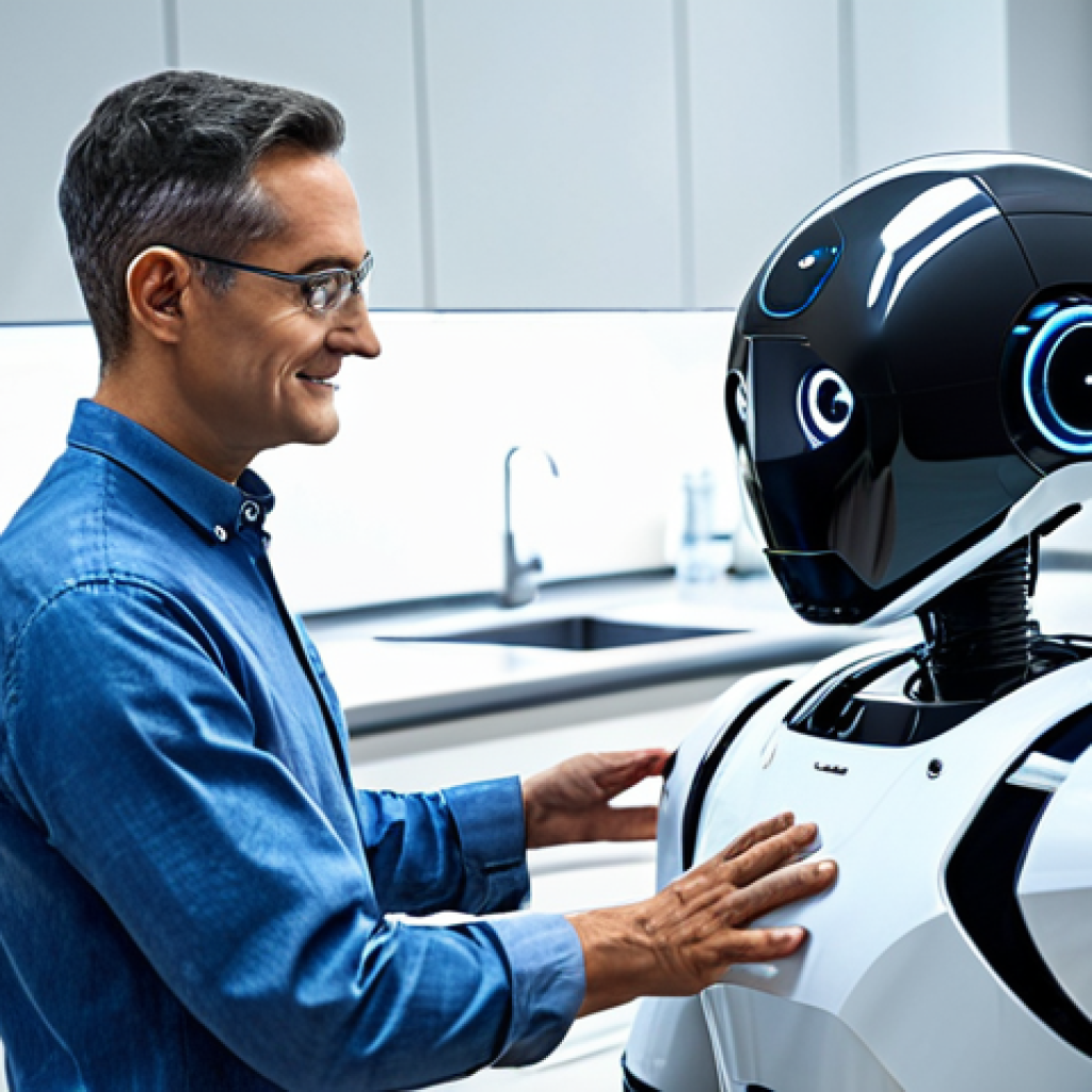 **Prompt:** A modern, fully clothed engineer inspects a sleek, friendly-looking domestic robot in a bright, well-equipped laboratory. The robot is designed for home assistance, safe for work, appropriate content, modest design, perfect anatomy (robot), natural pose, professional lighting, high quality.