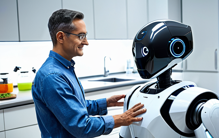 **Prompt:** A modern, fully clothed engineer inspects a sleek, friendly-looking domestic robot in a bright, well-equipped laboratory. The robot is designed for home assistance, safe for work, appropriate content, modest design, perfect anatomy (robot), natural pose, professional lighting, high quality.