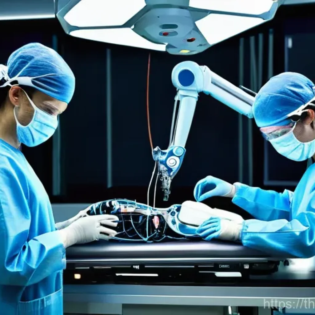 로봇의 양자 컴퓨팅 적용 - **Quantum Surgical Robot in a Futuristic Operating Room**
    A highly advanced, sleek quantum surgi...