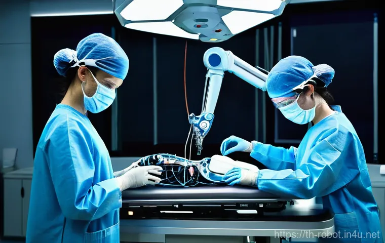 로봇의 양자 컴퓨팅 적용 - **Quantum Surgical Robot in a Futuristic Operating Room**
    A highly advanced, sleek quantum surgi...