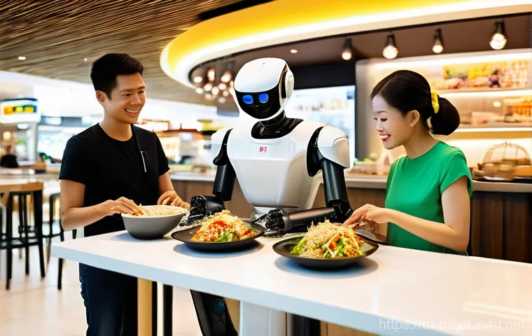 로봇 센서 종류 - **Prompt 1: Bangkok Food Court Service Robot**
    A sleek, modern humanoid service robot with a fri...