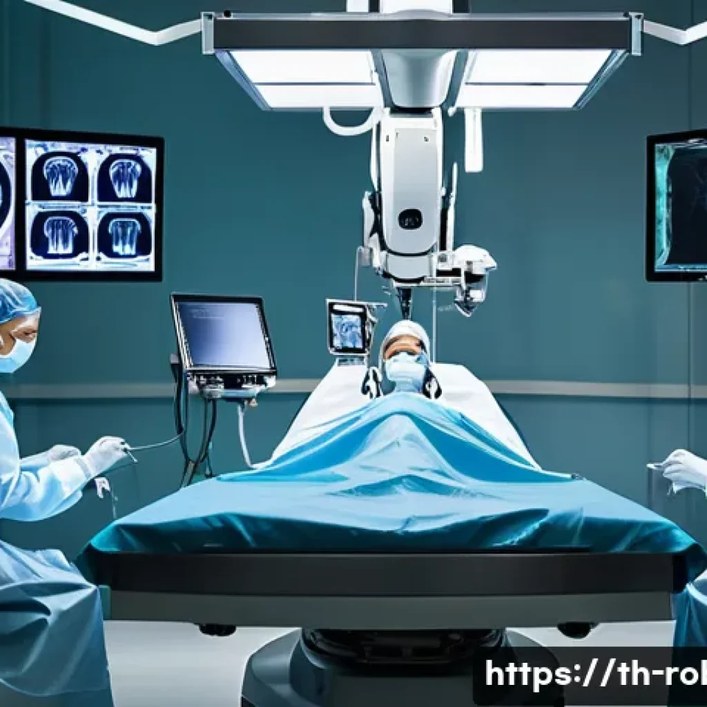 로봇 기반 헬스케어 혁신 - **Prompt: Robotic Precision Surgery**
    "A brightly lit, sterile operating room with a gleaming, m...
