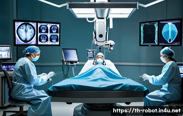 로봇 기반 헬스케어 혁신 - **Prompt: Robotic Precision Surgery**
"A brightly lit, sterile operating room with a gleaming, m...