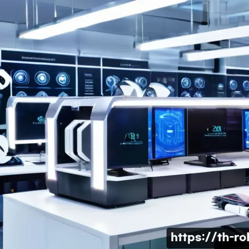 로봇용 인공지능 칩셋 - A futuristic robotic laboratory in Bangkok, Thailand, showcasing advanced robot chipsets on sleek wo...