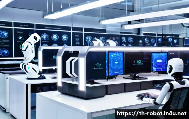 로봇용 인공지능 칩셋 - A futuristic robotic laboratory in Bangkok, Thailand, showcasing advanced robot chipsets on sleek wo...