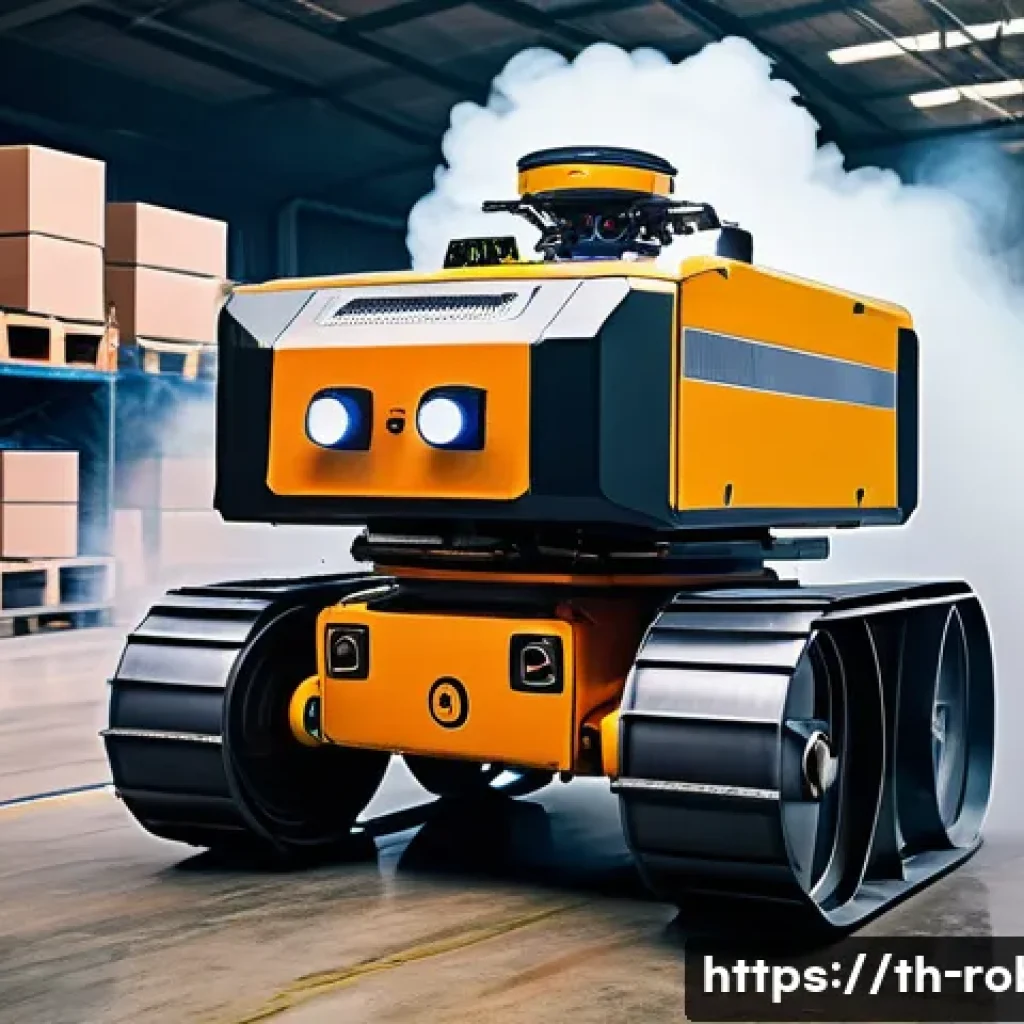 로봇을 활용한 화재 진압 기술 - A high-tech firefighting robot equipped with rugged wheels and tracks, navigating through a cluttere...