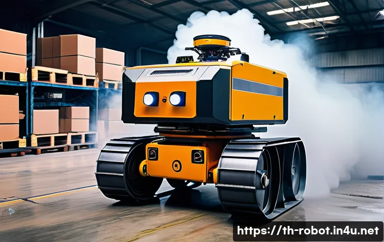 로봇을 활용한 화재 진압 기술 - A high-tech firefighting robot equipped with rugged wheels and tracks, navigating through a cluttere...