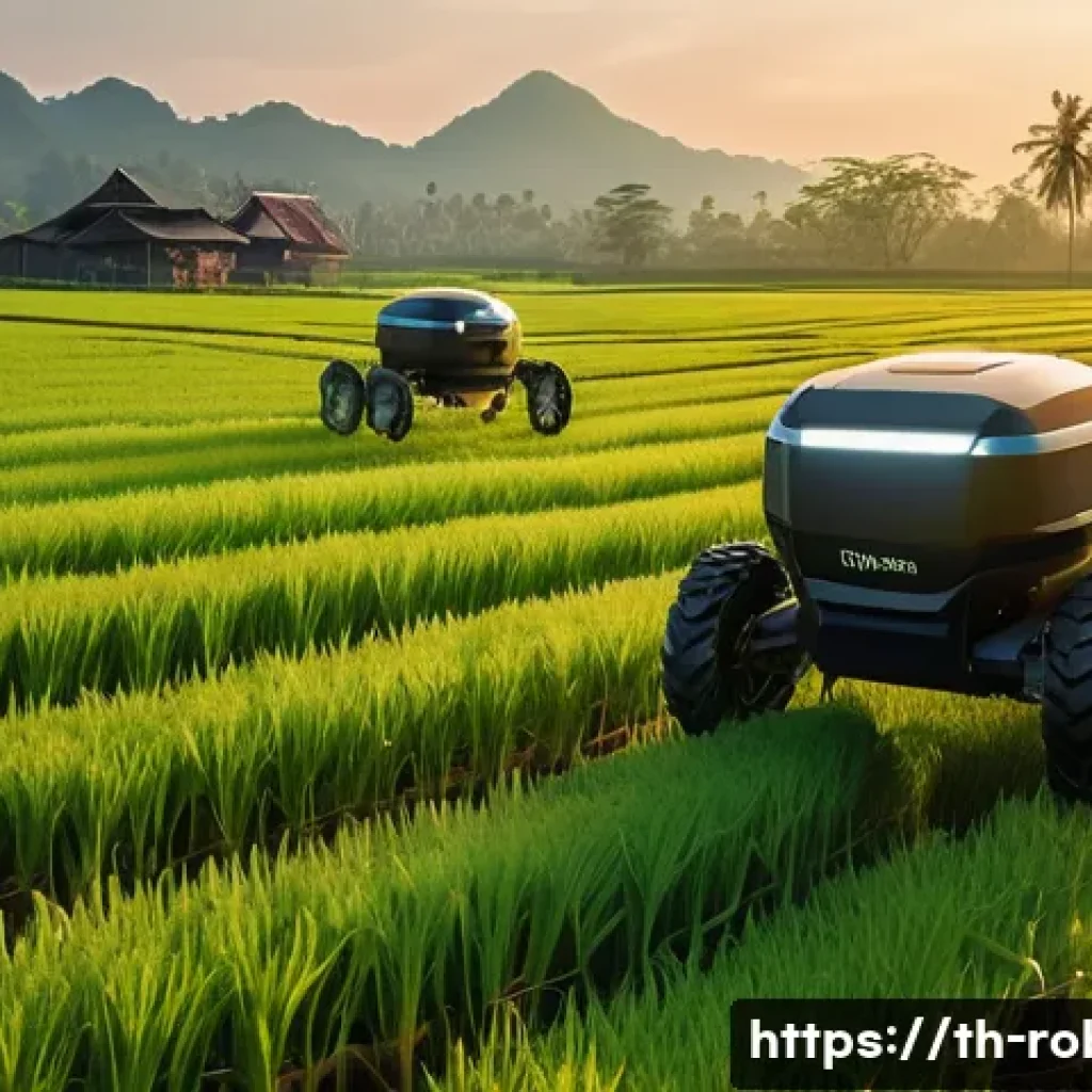로봇 SLAM 알고리즘 - A detailed scene of a smart agricultural robot navigating a lush Thai rice field at sunrise, equippe...