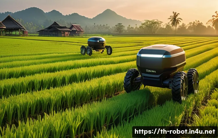 로봇 SLAM 알고리즘 - A detailed scene of a smart agricultural robot navigating a lush Thai rice field at sunrise, equippe...