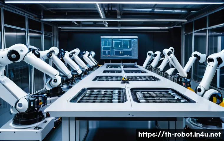 로봇 실시간 제어 기술 - A high-tech industrial production line in a modern Thai factory, featuring multiple advanced robots ...
