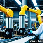 로봇공학 연구 동향 - A highly detailed industrial robot arm assembling complex electronic components on a factory product...