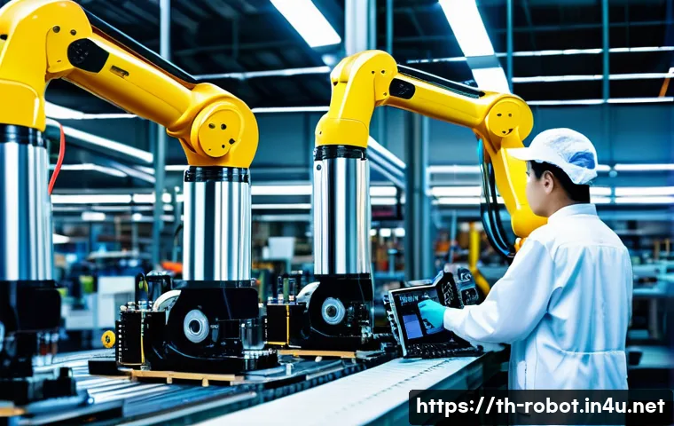 로봇공학 연구 동향 - A highly detailed industrial robot arm assembling complex electronic components on a factory product...