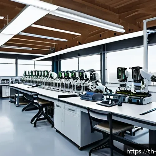 로봇공학 실험실 구축 - A modern robotics laboratory interior designed for efficiency and safety, featuring spacious zones c...