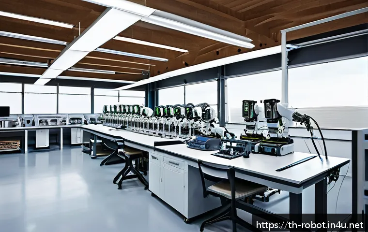 로봇공학 실험실 구축 - A modern robotics laboratory interior designed for efficiency and safety, featuring spacious zones c...