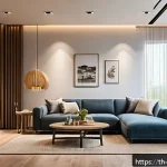 로봇과 사물인터넷  IoT - A modern Thai smart home interior at night, showing a cozy living room with automated lighting contr...