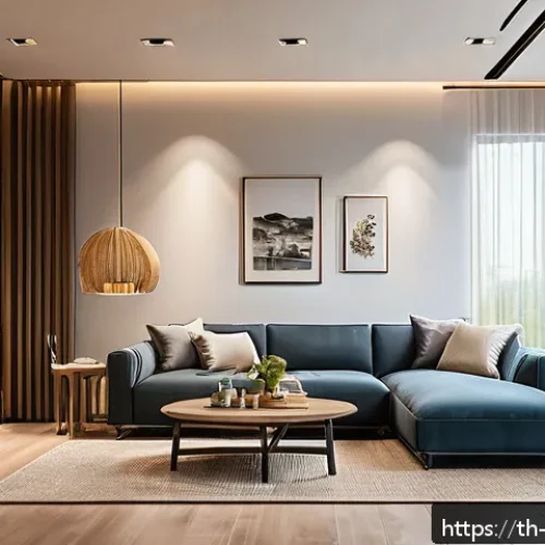 로봇과 사물인터넷  IoT - A modern Thai smart home interior at night, showing a cozy living room with automated lighting contr...