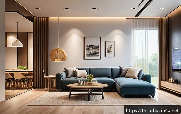 로봇과 사물인터넷  IoT - A modern Thai smart home interior at night, showing a cozy living room with automated lighting contr...