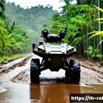 군사용 로봇 - Photorealistic tracked military reconnaissance robot navigating a muddy jungle trail in northern Tha...