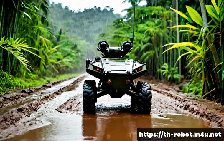 군사용 로봇 - Photorealistic tracked military reconnaissance robot navigating a muddy jungle trail in northern Tha...