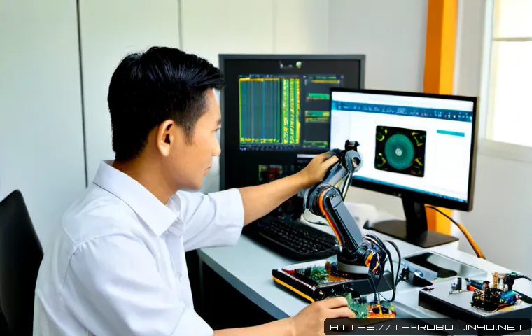 로봇용 FPGA 프로그래밍 - Photorealistic robotics engineer in a modern Bangkok automation laboratory, carefully programming a ...