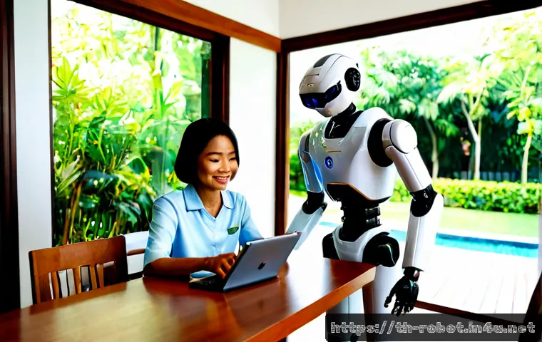 로봇 인간 로봇 상호작용 - Photorealistic human-robot interaction in a bright modern Bangkok home, a friendly humanoid service ...