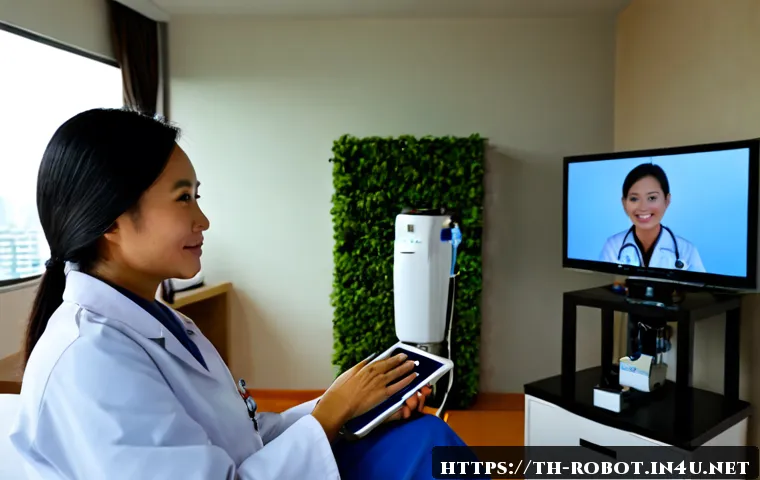 Home 17 로봇 기반 원격 의료 기술 - Photorealistic telemedicine consultation in a modern Bangkok apartment, an older Thai woman seated c...