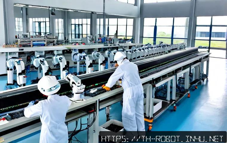 Home 17 로봇 자동화와 산업 혁명 - Photorealistic wide view of a modern Thai electronics factory, collaborative robotic arms precisely ...